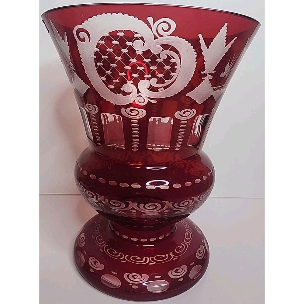 Egermann Ruby Glass Cut To Clear Vase 11" Bohemian Red Excellent Hand Blown